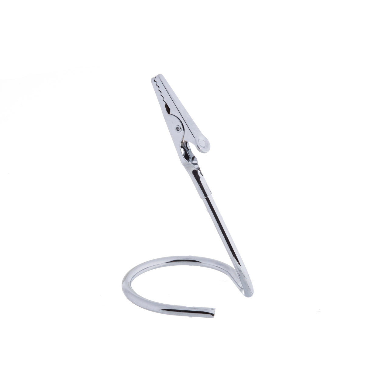 A shiny stainless steel alligator clip is attached to a coiled wire stand, forming a circular loop at the base. This number card holder stands upright with its jagged jaws open on a plain white background.