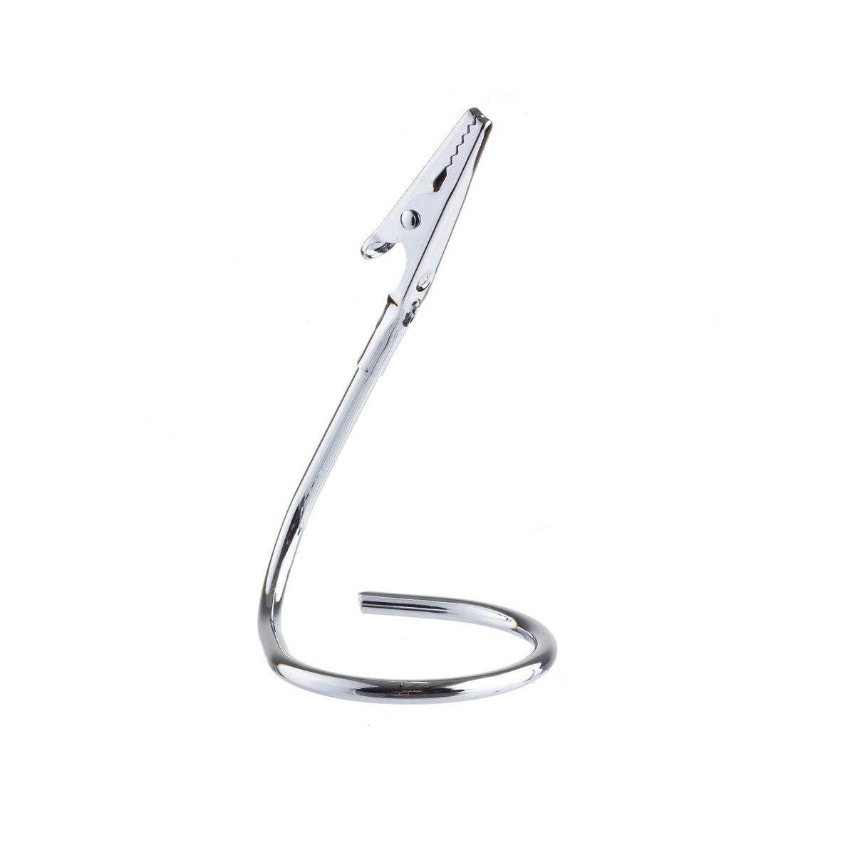 A stainless steel alligator clip is attached to the end of a curved, spiral wire stand. The shiny number card holder coils at the base for stability, with the clip angled upward to hold small items or notes. The background is plain white.
