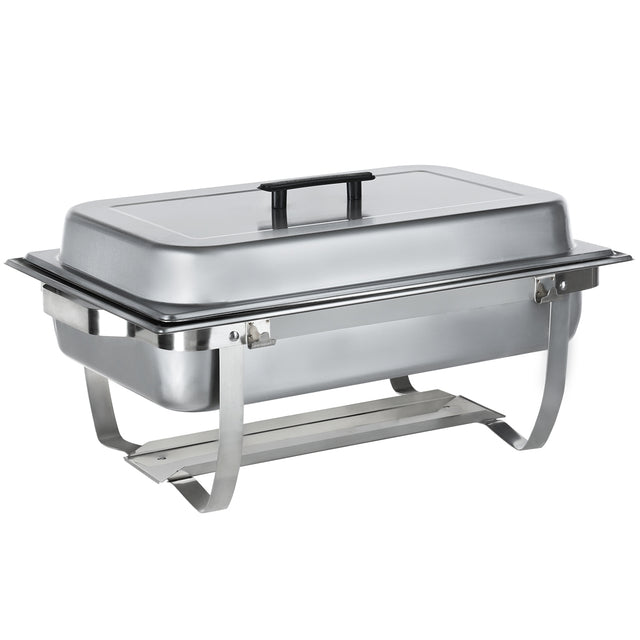 A full size stainless steel chafing dish with a fitted lid and black handle, designed for buffet use. The dish stands on a sturdy folding frame with curved legs and includes a lower shelf for fuel to keep food warm.