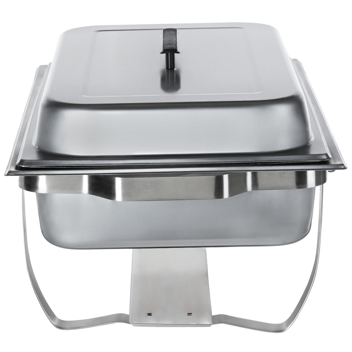 A full size stainless steel chafing dish with a lid and black handle sits on a matching folding frame. With clean lines and a broad base for stability, this chafing dish is ideal for keeping food warm at buffets or events.