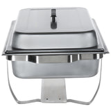 A full size stainless steel chafing dish with a lid and black handle sits on a matching folding frame. With clean lines and a broad base for stability, this chafing dish is ideal for keeping food warm at buffets or events.