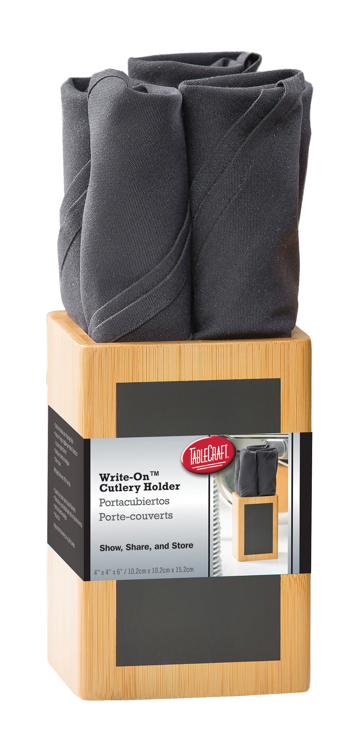 A TableCraft Products bamboo cutlery holder with four compartments holds rolled dark gray cloth napkins. Featuring a writable chalkboard for personalization, this Write-On Cutlery Holder sits on a white background.
