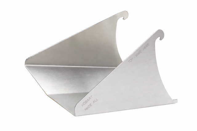 A silver metal holder, likely used as an ingredient chute for a Hobart 30/40 qt mixer, with triangular side panels and flat base. "HOBART MADE ALL" and "TOP - WIRE HERE" are engraved on one panel. Photographed on a white background.