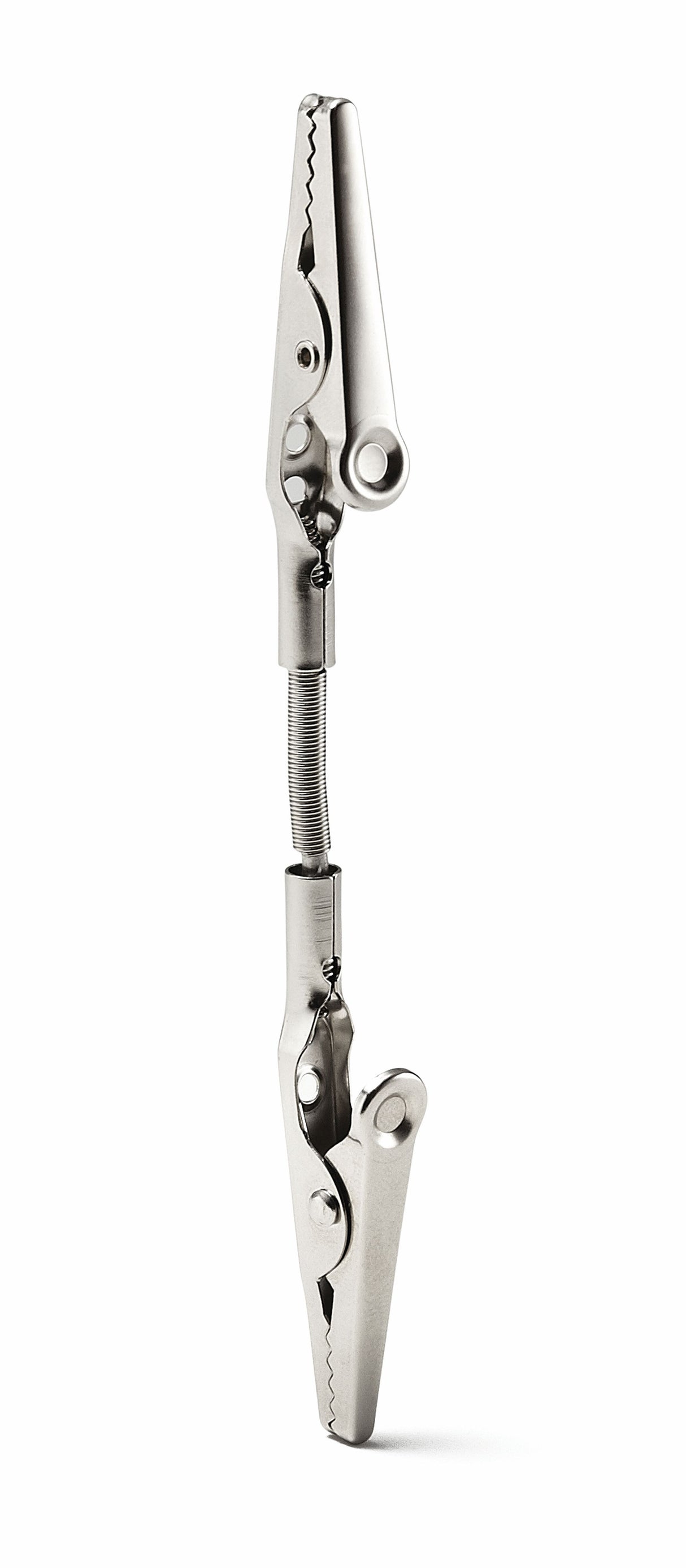 A steel double sided clip with serrated jaws forms a clamp, each end connected by a spring. The clips are aligned vertically, facing opposite directions, perfect as a number card holder against a clean white background.