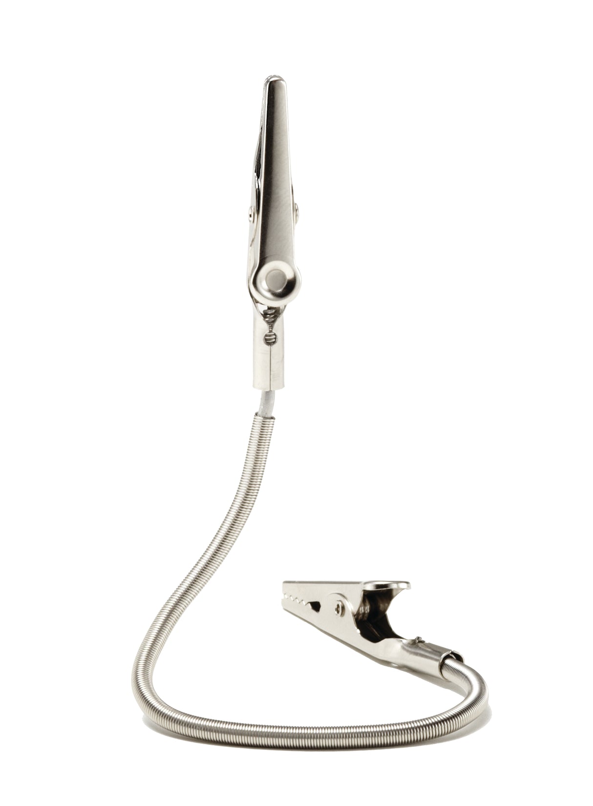 A flexible metal gooseneck double sided clip holder with an alligator clip on each end stands upright against a white background. Perfect as a number card holder, the shiny clips grip securely and the neck allows for easy positioning.