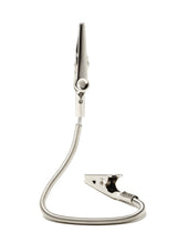 A flexible metal gooseneck double sided clip holder with an alligator clip on each end stands upright against a white background. Perfect as a number card holder, the shiny clips grip securely and the neck allows for easy positioning.