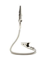 A flexible metal gooseneck double sided clip holder with an alligator clip on each end stands upright against a white background. Perfect as a number card holder, the shiny clips grip securely and the neck allows for easy positioning.