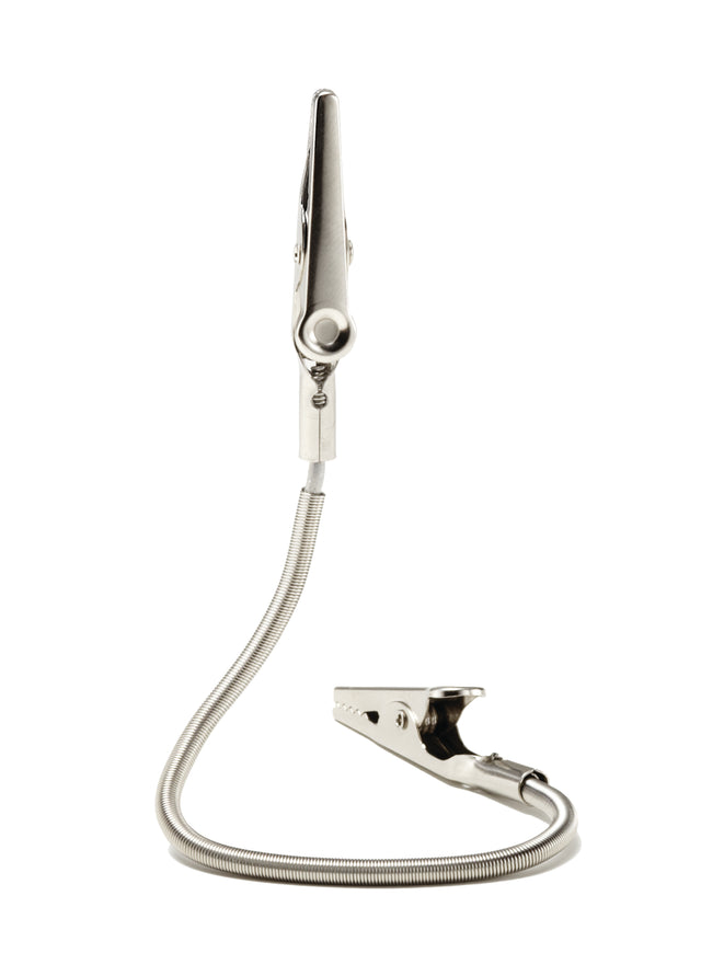 A flexible metal gooseneck double sided clip holder with an alligator clip on each end stands upright against a white background. Perfect as a number card holder, the shiny clips grip securely and the neck allows for easy positioning.