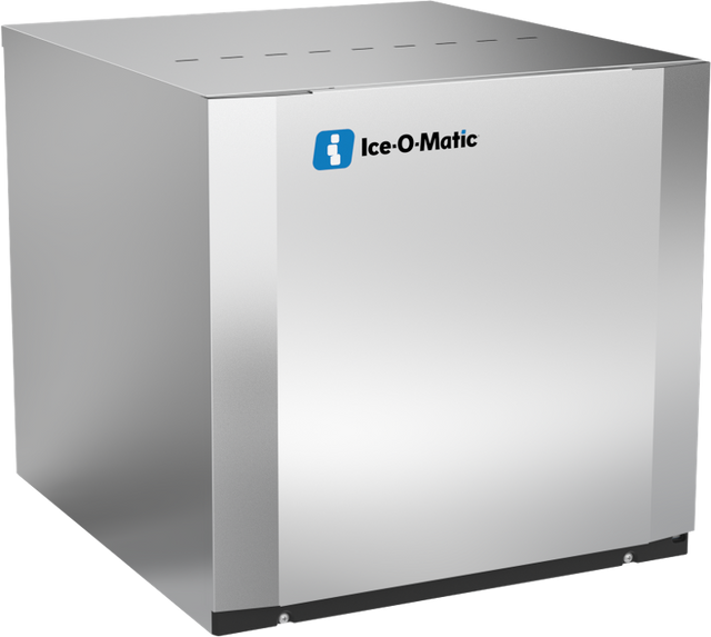 A stainless steel, box-shaped Modular Cube Ice Maker labeled Ice-O-Matic. The front panel is smooth with a blue and white logo. The unit, featuring a water-cooled condenser, sits on small black feet and produces half-size cubes.