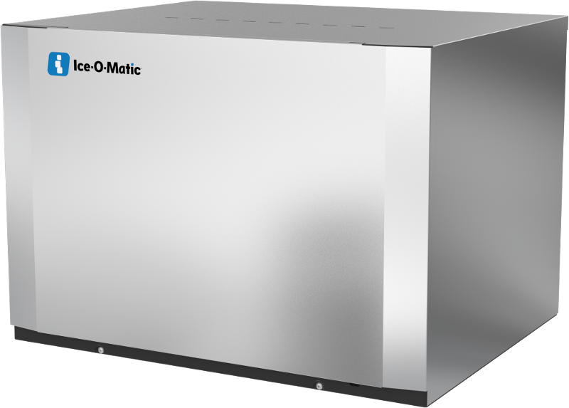 A stainless steel commercial ice maker with a smooth, reflective finish. The Ice-O-Matic logo is visible on the upper left corner. This modular cube ice maker sits on a black base and features vent holes on the top.