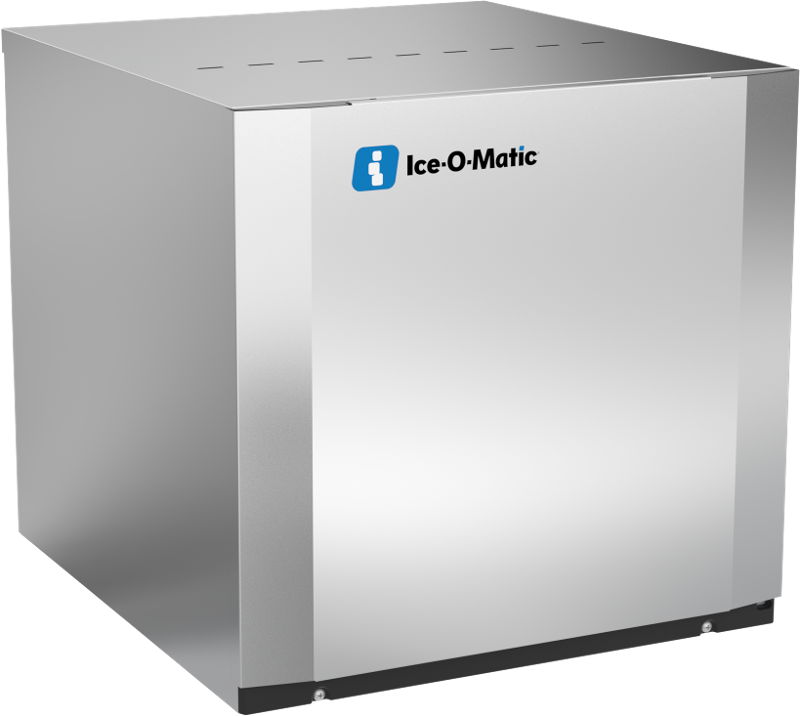A stainless steel modular cube ice maker with a smooth, boxy design. The front panel displays the blue and white Ice-O-Matic logo in the upper left corner. Sleek and modern, this commercial ice machine features plain sides and small rubber feet at the base.