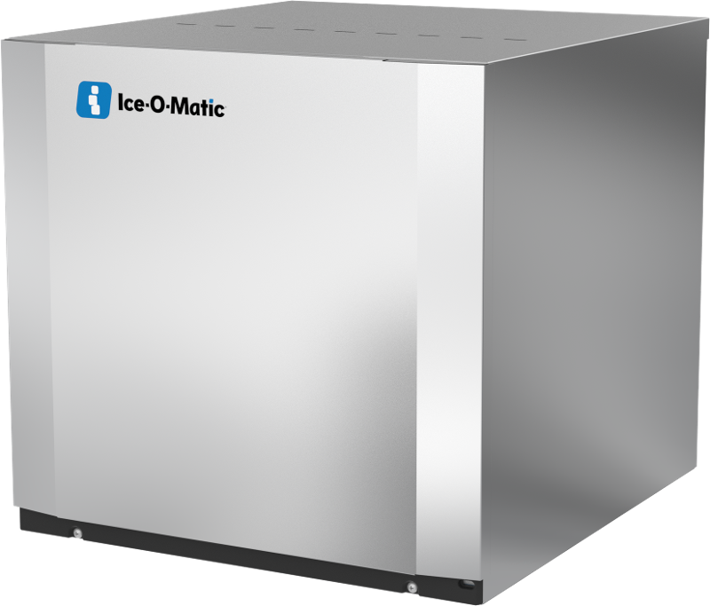 A large, silver, box-shaped Modular Cube Ice Maker with the Ice-O-Matic logo on the upper left front panel. Its smooth stainless steel exterior features rounded edges and ventilation holes on top. This unit produces half-size cubes.