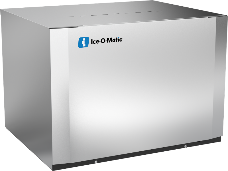 A large, rectangular stainless steel Modular Cube Ice Maker with a smooth front and sides, featuring the blue and white Ice-O-Matic logo on the upper left corner. This commercial ice maker offers a minimalist design and sits neatly on a flat surface.