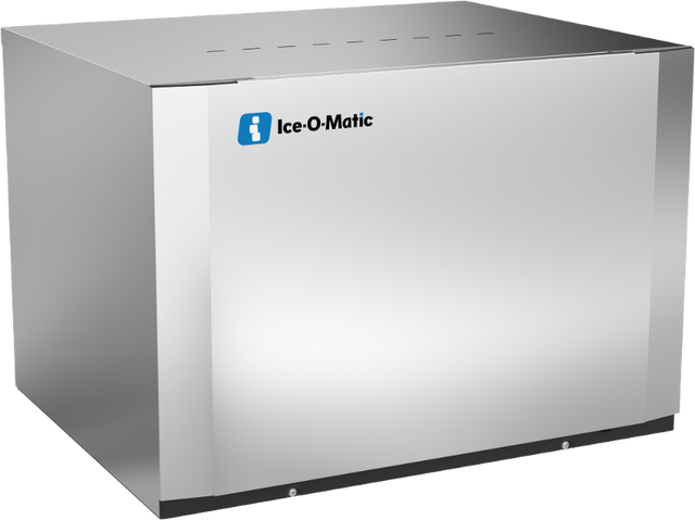 A large, rectangular stainless steel Modular Cube Ice Maker with a smooth front and sides, featuring the blue and white Ice-O-Matic logo on the upper left corner. This commercial ice maker offers a minimalist design and sits neatly on a flat surface.