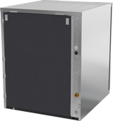 A metallic rectangular HVAC air handler with a dark front panel, metallic sides, and visible screws and ports. The unit sits on a plain white background, similar in design efficiency to an air-cooled modular cube ice maker producing half-size cubes.