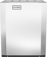 A front view of a stainless steel modular cube ice maker with a smooth, reflective surface, rectangular shape, and small logo near the top center. This air-cooled machine produces half-size cubes and features clean lines with a modern industrial design.