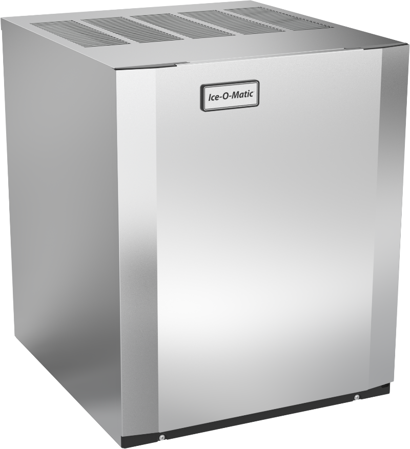 An air-cooled, stainless steel modular cube ice maker with a rectangular shape, vented panels on top, and a small Ice-O-Matic logo. It produces half-size cubes and features a smooth, reflective surface—ideal for food service settings.