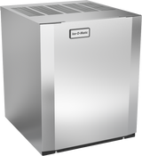 An air-cooled, stainless steel modular cube ice maker with a rectangular shape, vented panels on top, and a small Ice-O-Matic logo. It produces half-size cubes and features a smooth, reflective surface—ideal for food service settings.