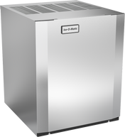 An air-cooled, stainless steel modular cube ice maker with a rectangular shape, vented panels on top, and a small Ice-O-Matic logo. It produces half-size cubes and features a smooth, reflective surface—ideal for food service settings.