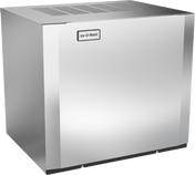 A silver, air-cooled modular cube ice maker with a smooth, reflective surface and small Ice-O-Matic logo on the front. The box-shaped machine features clean edges, top ventilation slots, and produces grande size cubes for commercial use.