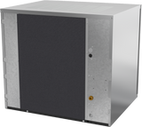 A large, metallic, box-shaped air-cooled HVAC evaporator coil unit with a black mesh panel on the front, several small ports and one brass fitting on the right side. Its utilitarian design resembles that of a modular cube ice maker.