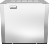A stainless steel modular cube ice maker with a flat front panel, labeled Ice-O-Matic in the top left corner. This air-cooled unit features vented panels on top and produces grande size cubes, perfect for modern restaurant or commercial use.