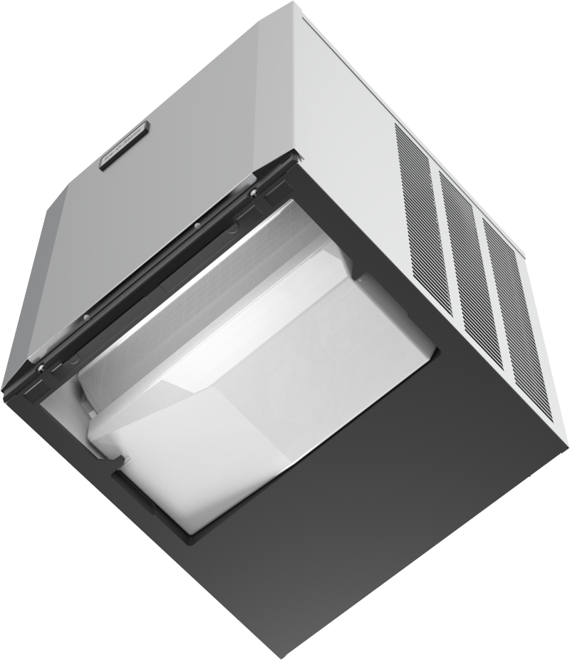 A modern, industrial-style wall-mounted air conditioning or ventilation unit with a white and black finish, angled upward. The front features a vented grille and an open panel, similar to those found on commercial ice machines.
