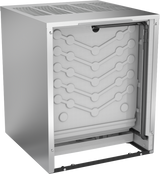 A metallic, box-shaped commercial ice machine with its front panel removed reveals an interior zigzag pattern of channels and circles, likely for refrigerant flow. This modular cube ice maker features a sleek, industrial design with defined edges and top ventilation slots.