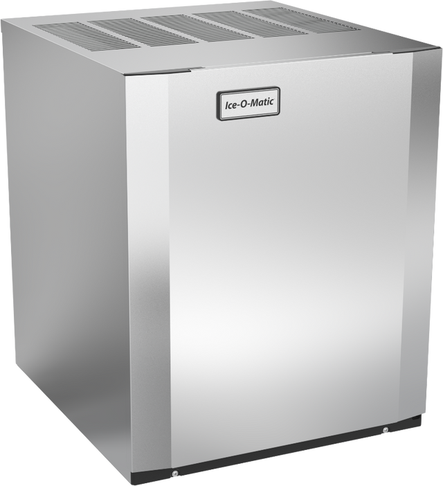 A stainless steel modular cube ice maker with a rectangular shape, ventilation slots on top, and a label reading Ice-O-Matic on the front. This modern air-cooled ice maker is designed for high capacity use in professional kitchens or bars.