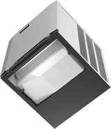 A silver and black high capacity ice machine is shown from a low angle. The air-cooled ice maker features a large front hatch, side air vents, flat top, and modern boxy design. Its ice collection bin is visible through the open hatch.