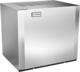 A large, stainless steel commercial ice maker with a rectangular shape. The front panel displays the brand name Ice-O-Matic near the top. This air-cooled ice maker features top ventilation slots and a smooth, reflective exterior.
