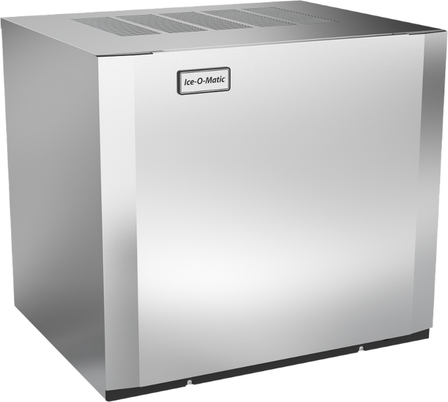 A large, stainless steel commercial ice maker with a rectangular shape. The front panel displays the brand name Ice-O-Matic near the top. This air-cooled ice maker features top ventilation slots and a smooth, reflective exterior.