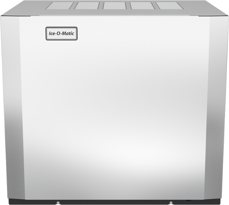 A stainless steel Ice-O-Matic commercial ice maker with a smooth, reflective front panel. The brand logo is on the upper left. Vented sections line the top of this modular cube ice maker, which features a boxy and modern design.