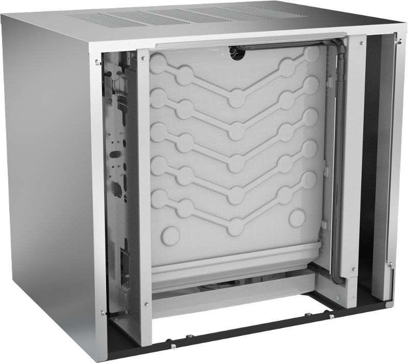 A stainless steel commercial ice machine with the outer side panel removed, revealing a white internal panel with grooves and channels for water flow or cooling, along with visible internal tubing and mechanical components on the side.