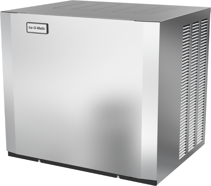 A commercial stainless steel modular cube ice maker with vented side panels and a flat top, set against a plain white background. The box-shaped unit features an Ice-O-Matic brand label on the upper left front.