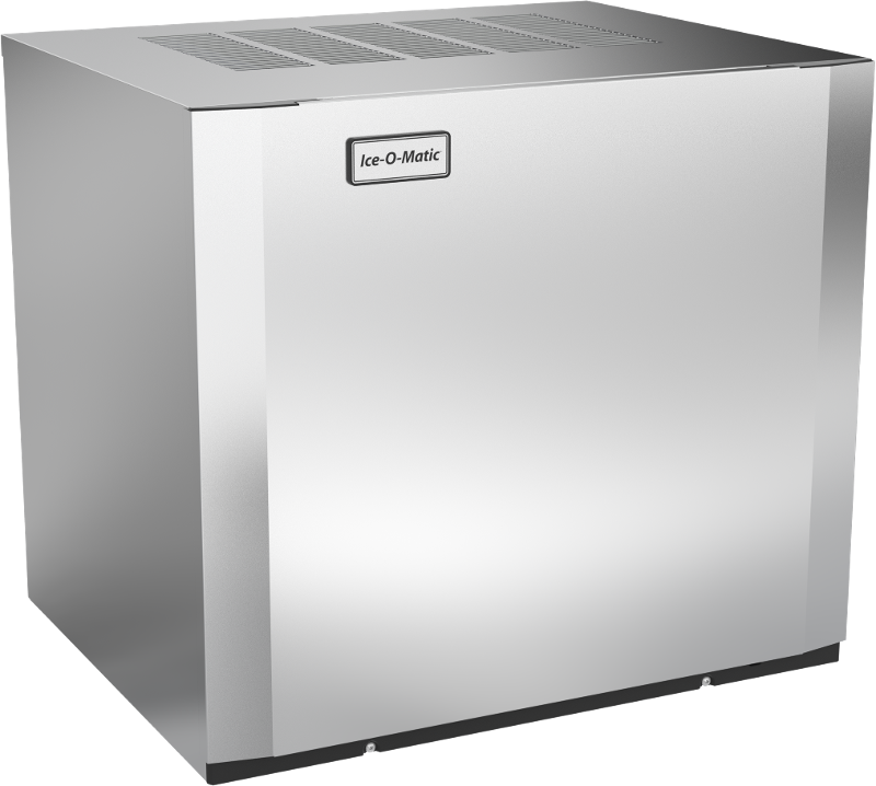 A stainless steel modular cube ice maker with a rectangular shape, vented top, and a small Ice-O-Matic logo on the front. This commercial ice machine features a sleek, modern design and a reflective metallic surface.