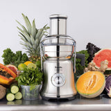 A stainless steel Breville commercial juicer with cold spin technology sits on a counter, surrounded by fresh fruits and vegetables like pineapple, kale, watermelon, cantaloupe, ginger, lime, papaya, mint, potatoes, and cabbage.