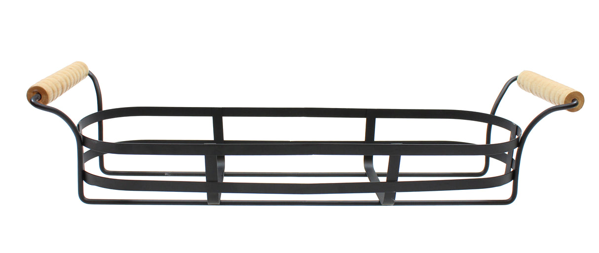 Rectangular black powder coated metal basket tray with open sides and bottom, featuring two light-colored wooden handles on each end for carrying. Inspired by TableCraft Products, its industrial design is ideal for organizing or serving items.