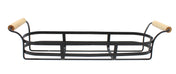 Rectangular black powder coated metal basket tray with open sides and bottom, featuring two light-colored wooden handles on each end for carrying. Inspired by TableCraft Products, its industrial design is ideal for organizing or serving items.