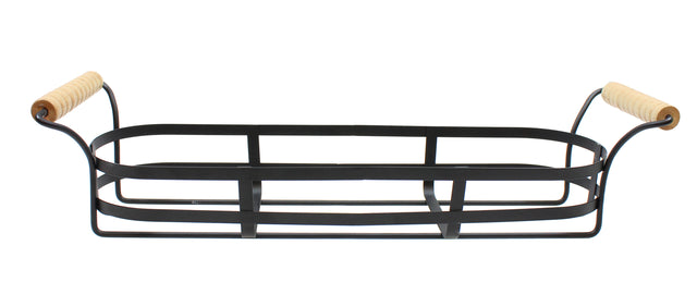 Rectangular black powder coated metal basket tray with open sides and bottom, featuring two light-colored wooden handles on each end for carrying. Inspired by TableCraft Products, its industrial design is ideal for organizing or serving items.