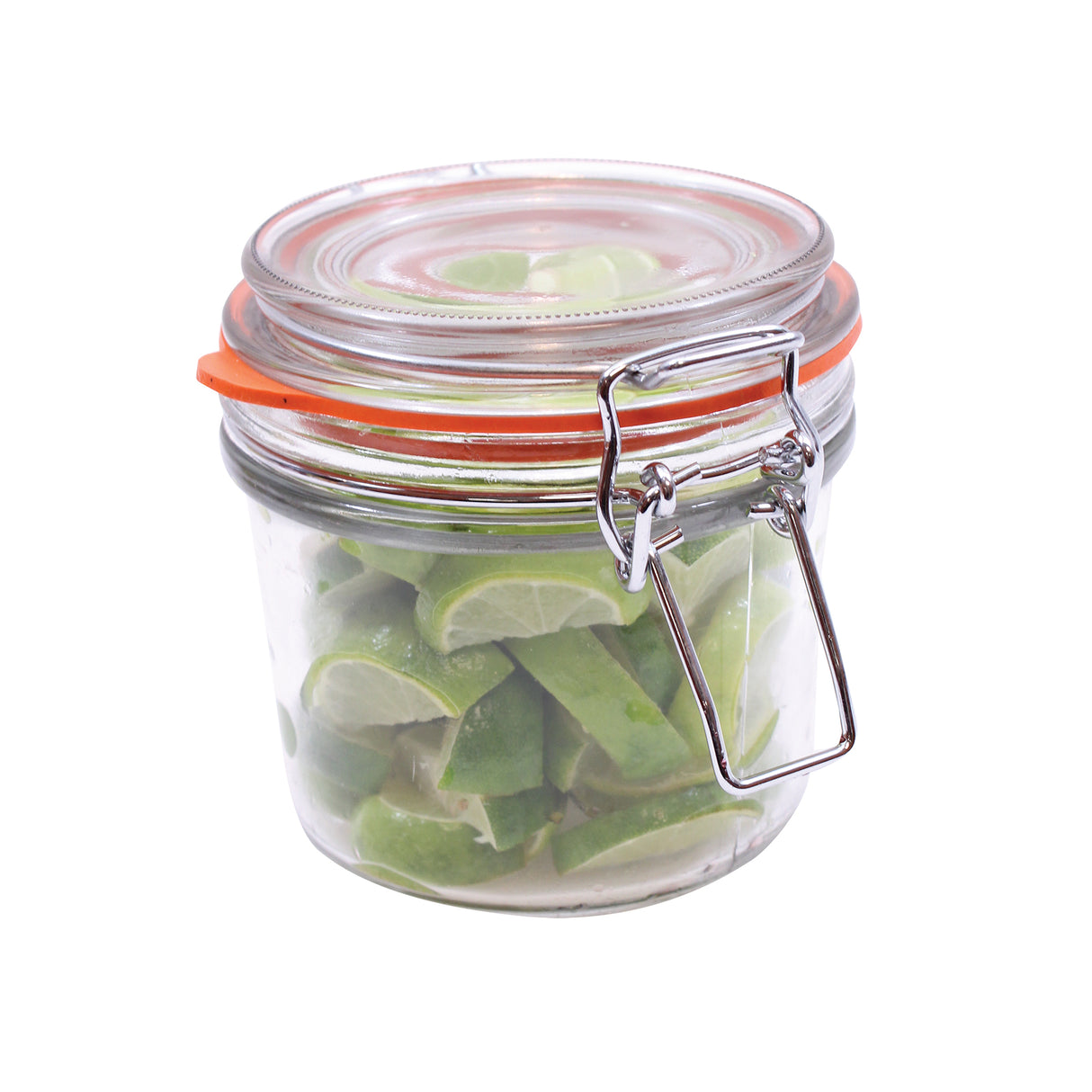 A TableCraft Products glass jar with lid, featuring a metal clasp and orange rubber seal, is filled with neatly stacked lime wedges. The transparent jar is set against a white background, perfect for any condiment jar set.