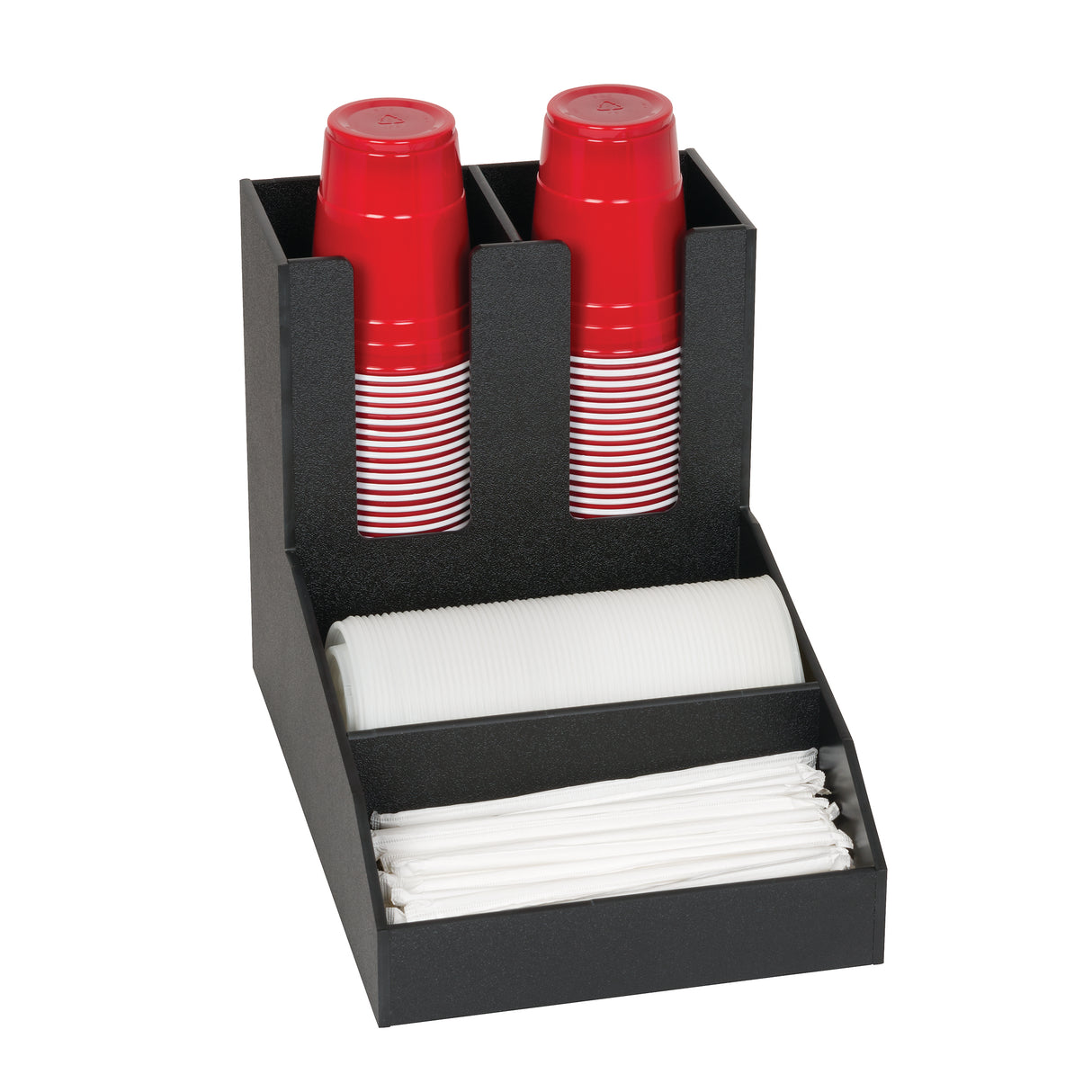 A sleek black countertop condiment organizer holds two stacks of red plastic cups upright, a horizontal stack of white cups, and a compartment with neatly arranged white napkins, all separated into designated sections on a white background.