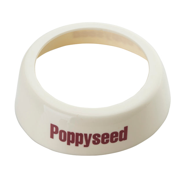 A white plastic Dispenser ID Collar with a wide round base and an open center, labeled “Poppyseed” in bold red letters on the front. Made by TableCraft, it is empty and photographed against a plain white background.