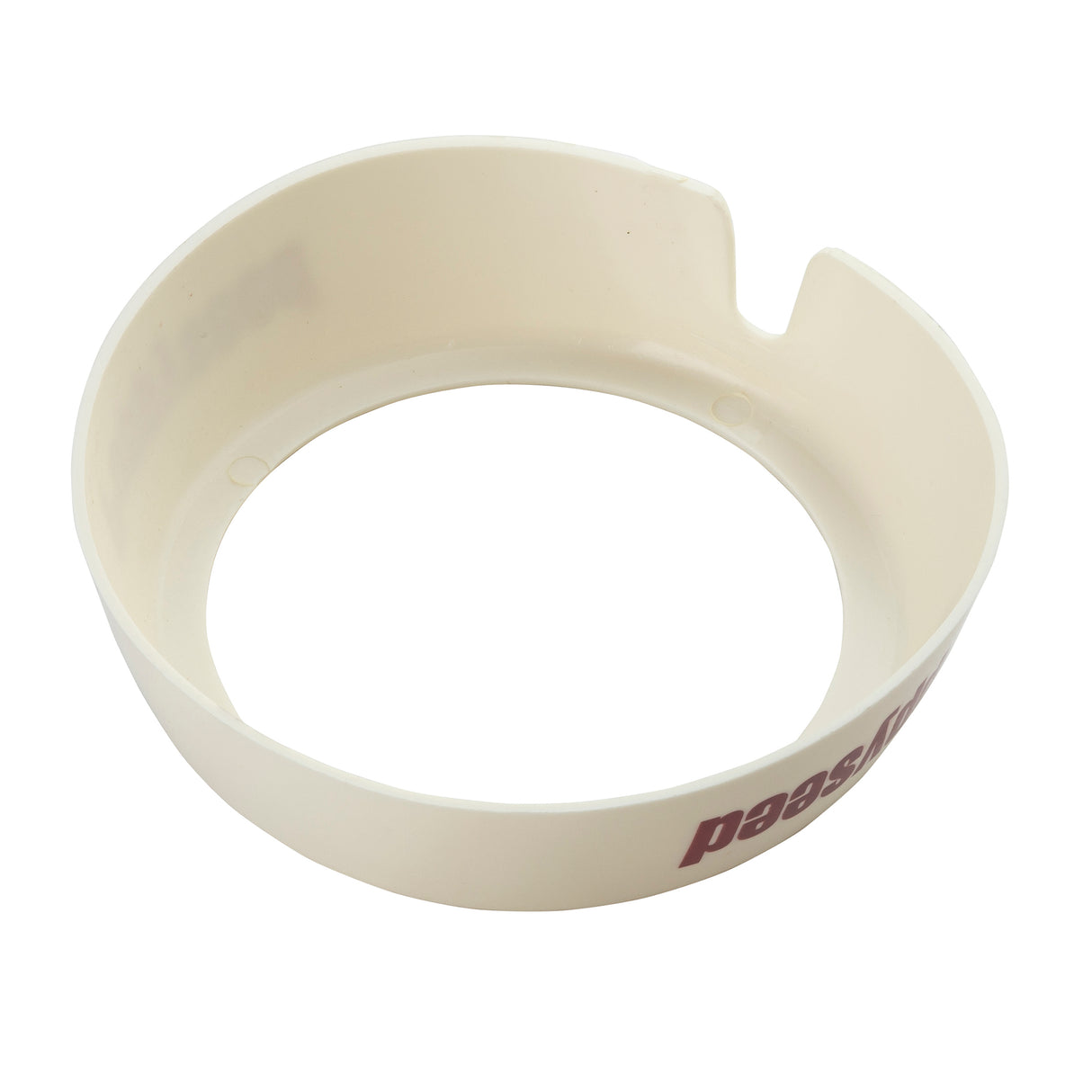 A round, off-white plastic bowl with a wide opening, partial side wall, and a small notch on the rim. The word seed is partially visible in red lettering—ideal as a TableCraft dispenser ID collar for Poppyseed. Smooth, unadorned interior.
