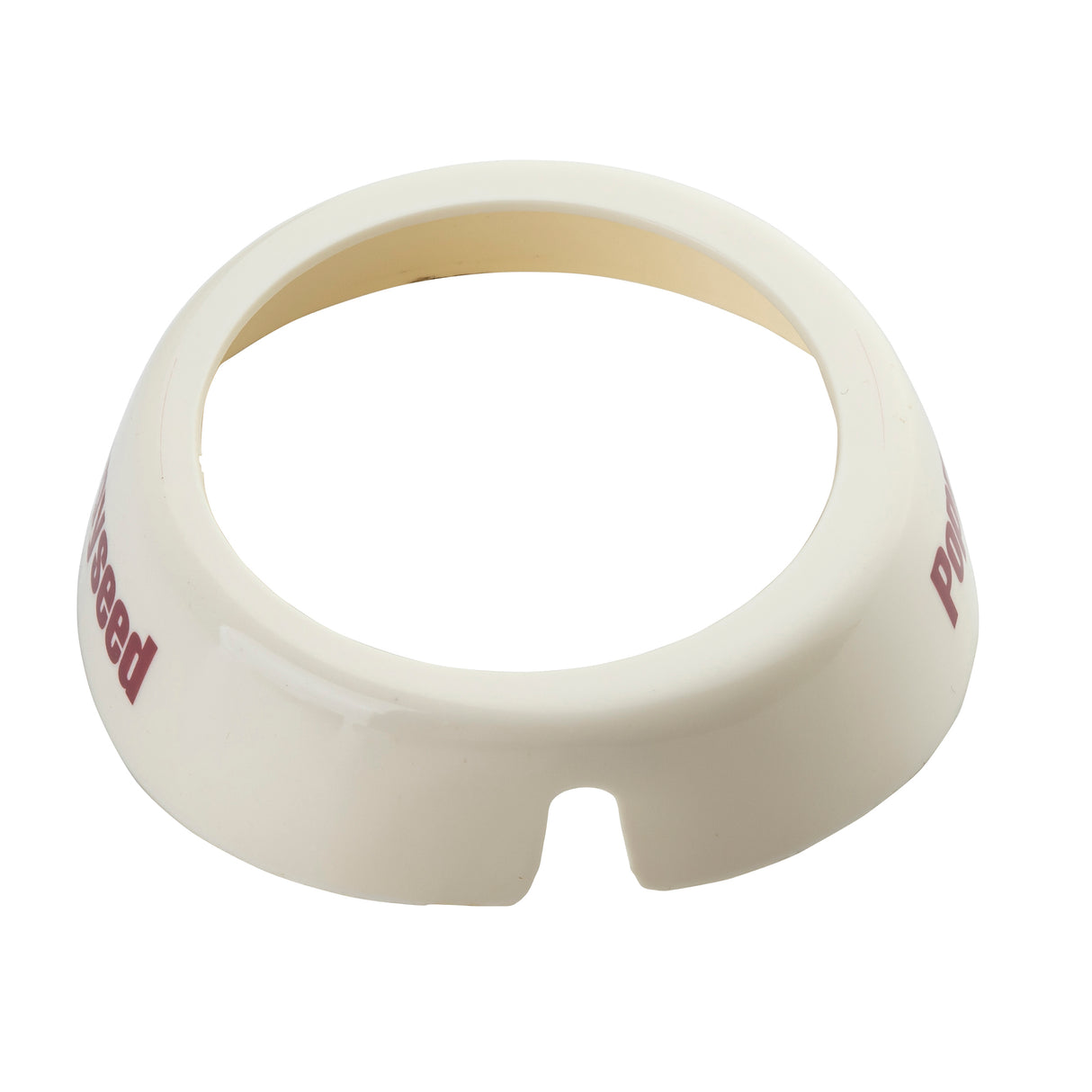 A white, round plastic Dispenser ID Collar with a wide base and central opening, featuring a small notch and “Polyseed” printed in red. The item is photographed on a white background, ideal for TableCraft or poppyseed dispensers.