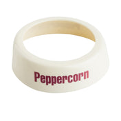 A white, circular plastic Dispenser ID Collar with the word Peppercorn printed in bold red letters on the side. The smooth TableCraft Products ring is photographed against a plain white background.