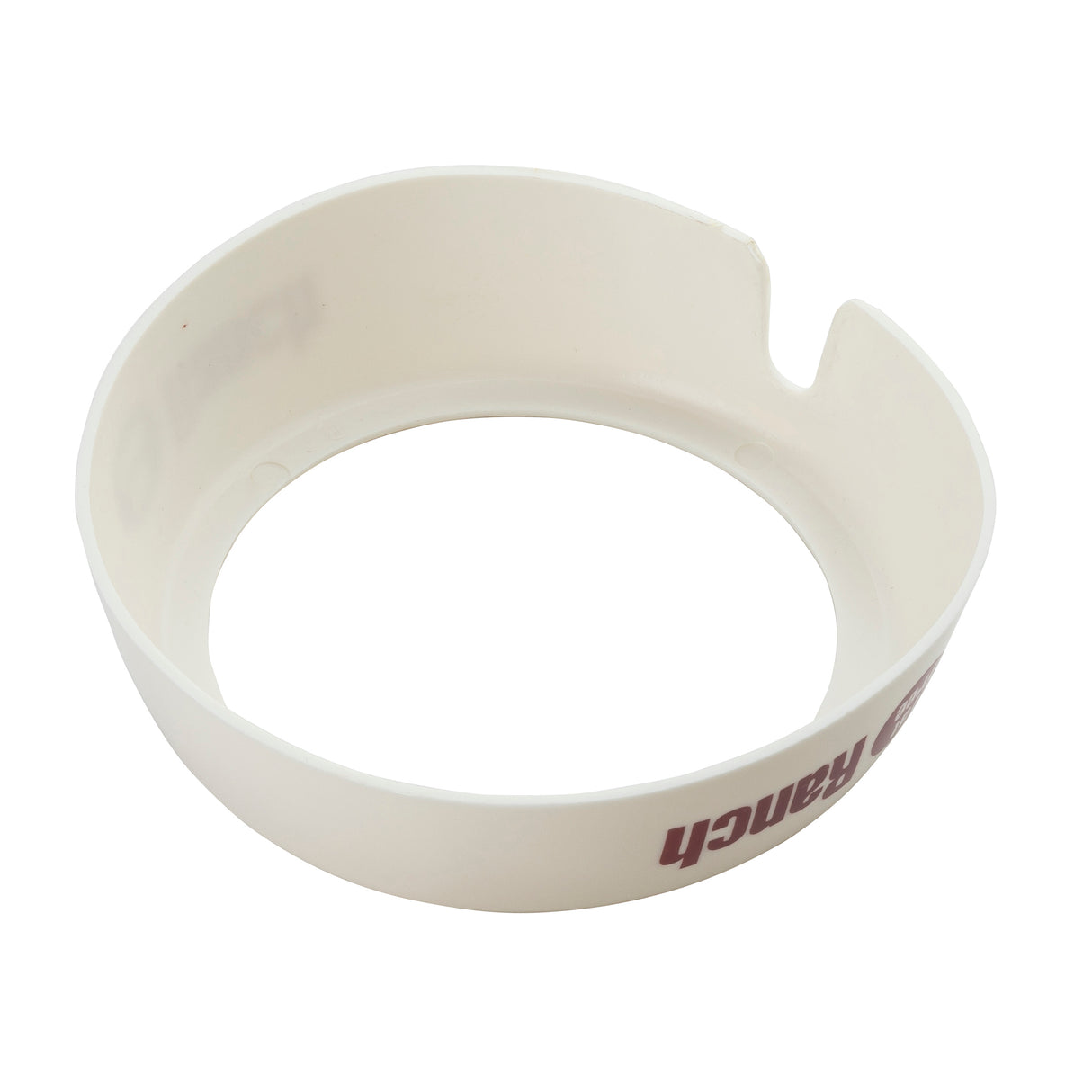 A white plastic TableCraft dispenser ID collar ring with a notch on the rim for fitting around a cup. The words "Fat Free Ranch" are printed in red on the smooth, circular outer side.