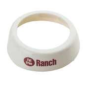 A white plastic TableCraft Dispenser ID Collar lid with “Fat Free Ranch” printed in red text on the side. The circular opening is designed to fit over a container or cup, serving as a handy dressing label or dispenser accessory.