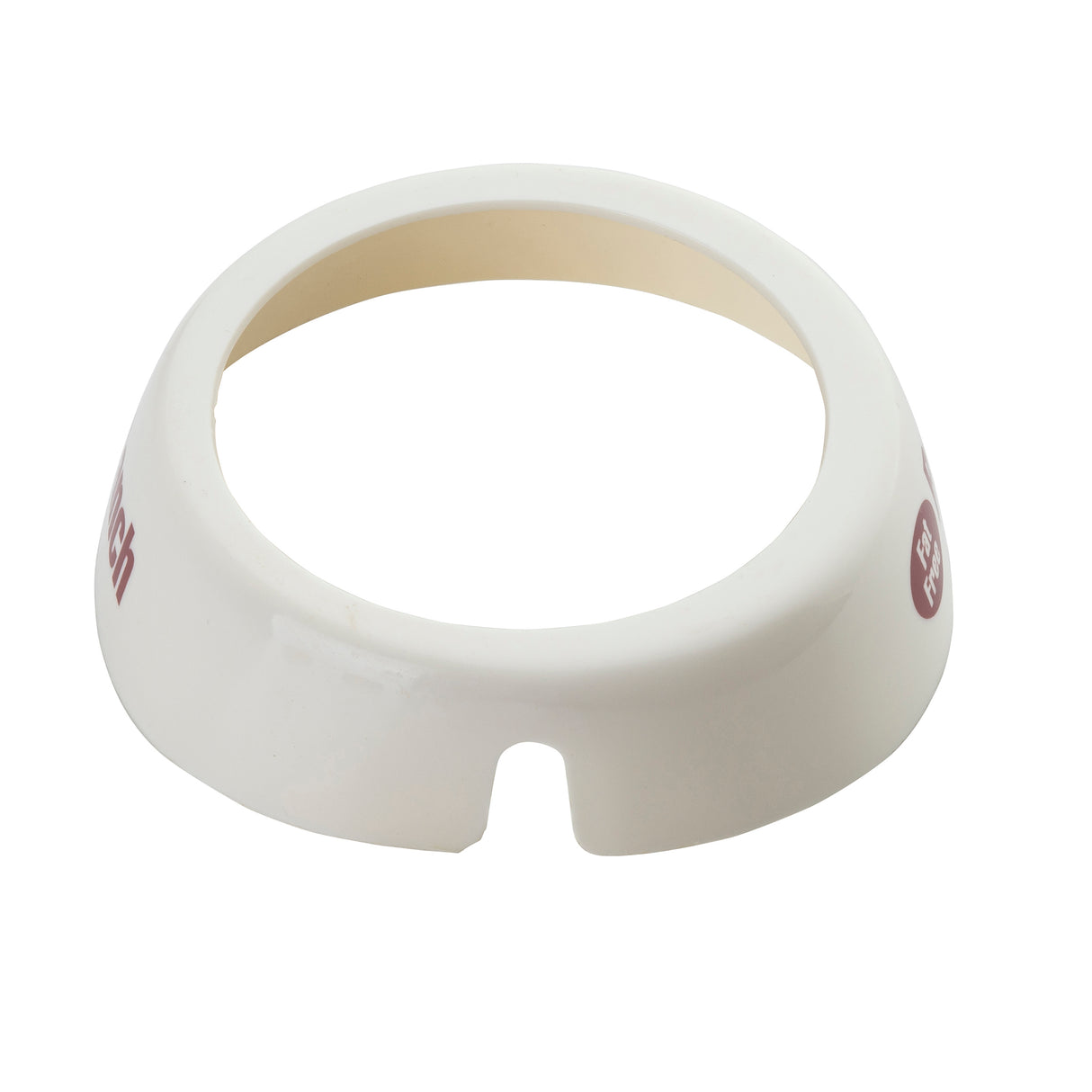 A white, round plastic Dispenser ID Collar by TableCraft with a wide base and open center. The slightly raised outer edge features a small notch, and “Fat Free Ranch” is partially visible in red text on one side. Clean and lightweight.