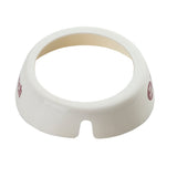 A white, round plastic Dispenser ID Collar by TableCraft with a wide base and open center. The slightly raised outer edge features a small notch, and “Fat Free Ranch” is partially visible in red text on one side. Clean and lightweight.